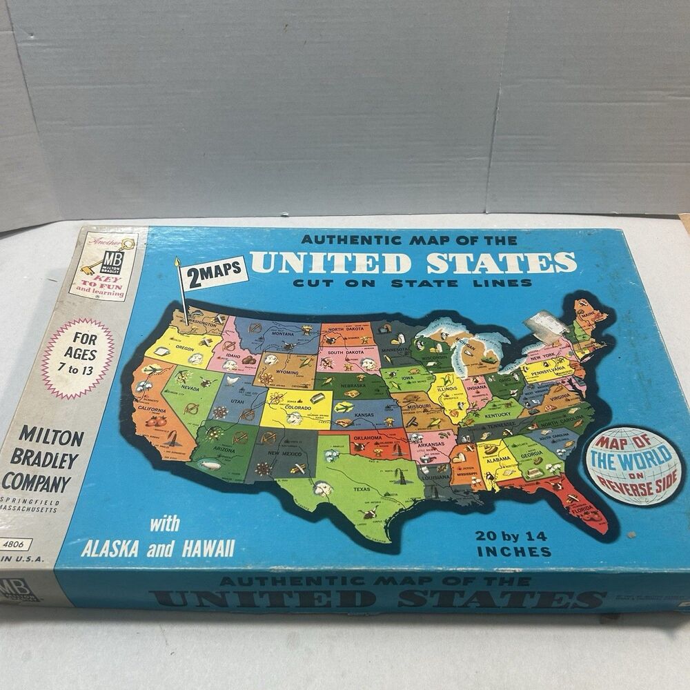 VTG Milton Bradley United States Authentic Map Puzzle 1961 Hawaii Alaska 2-Sided